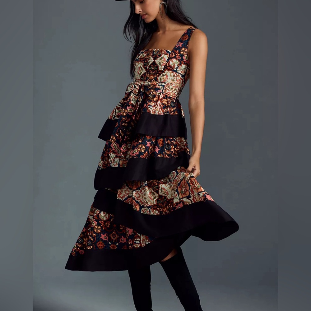Anthropologie Square-Neck Tiered Midi Dress